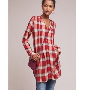 Anthropologie button up plaid tunic top. Oversized size XS Rayon/wool blend.